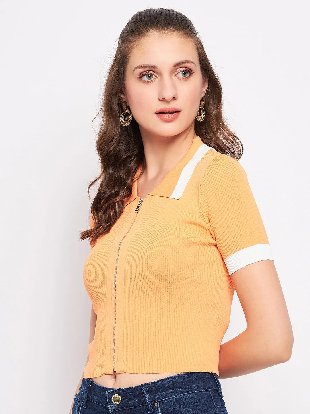 Madame Orange Shirt Collar Crop Top