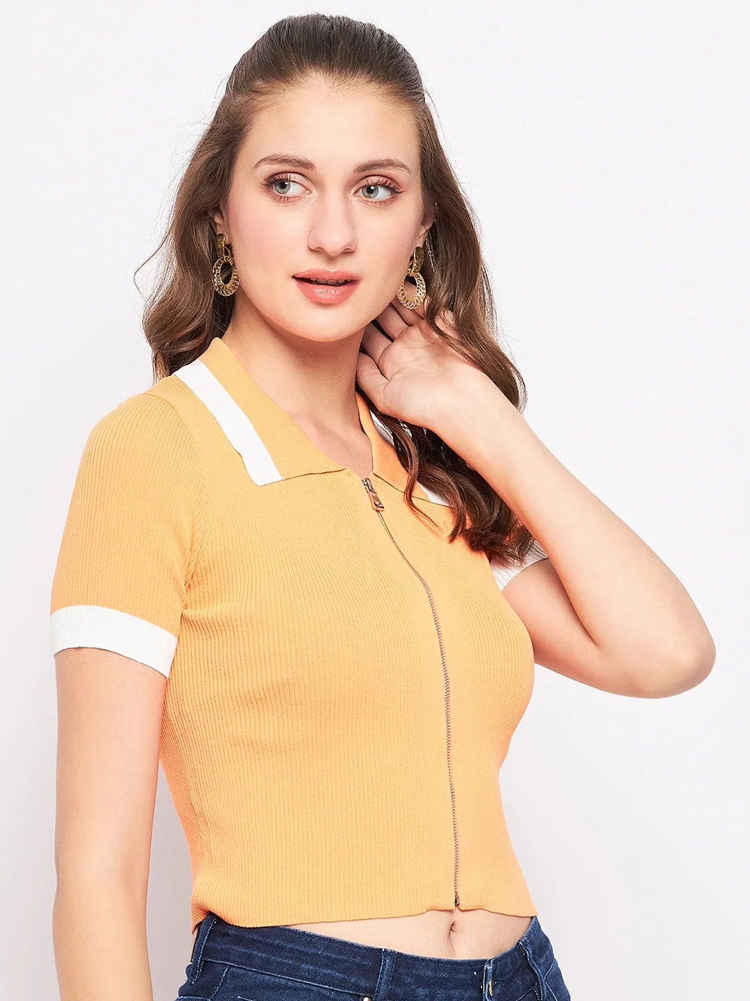 Madame Orange Shirt Collar Crop Top