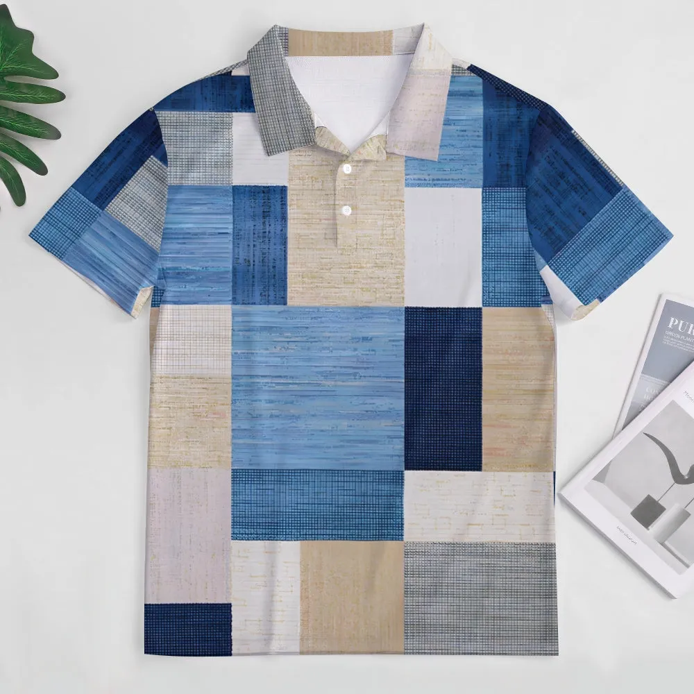 Men's Button-Down Short Sleeve Fabric Panel Printed Polo Shirt 2312000162