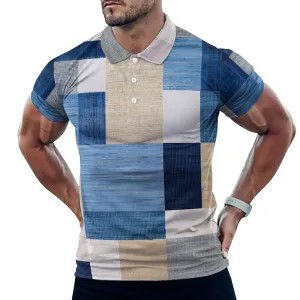 Men's Button-Down Short Sleeve Fabric Panel Printed Polo Shirt 2312000162