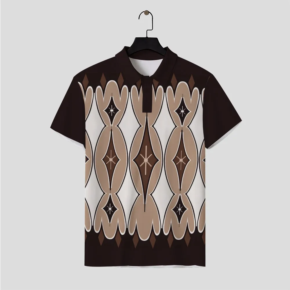 Men's Geometric Print Button Down Short Sleeve Polo 2404001426