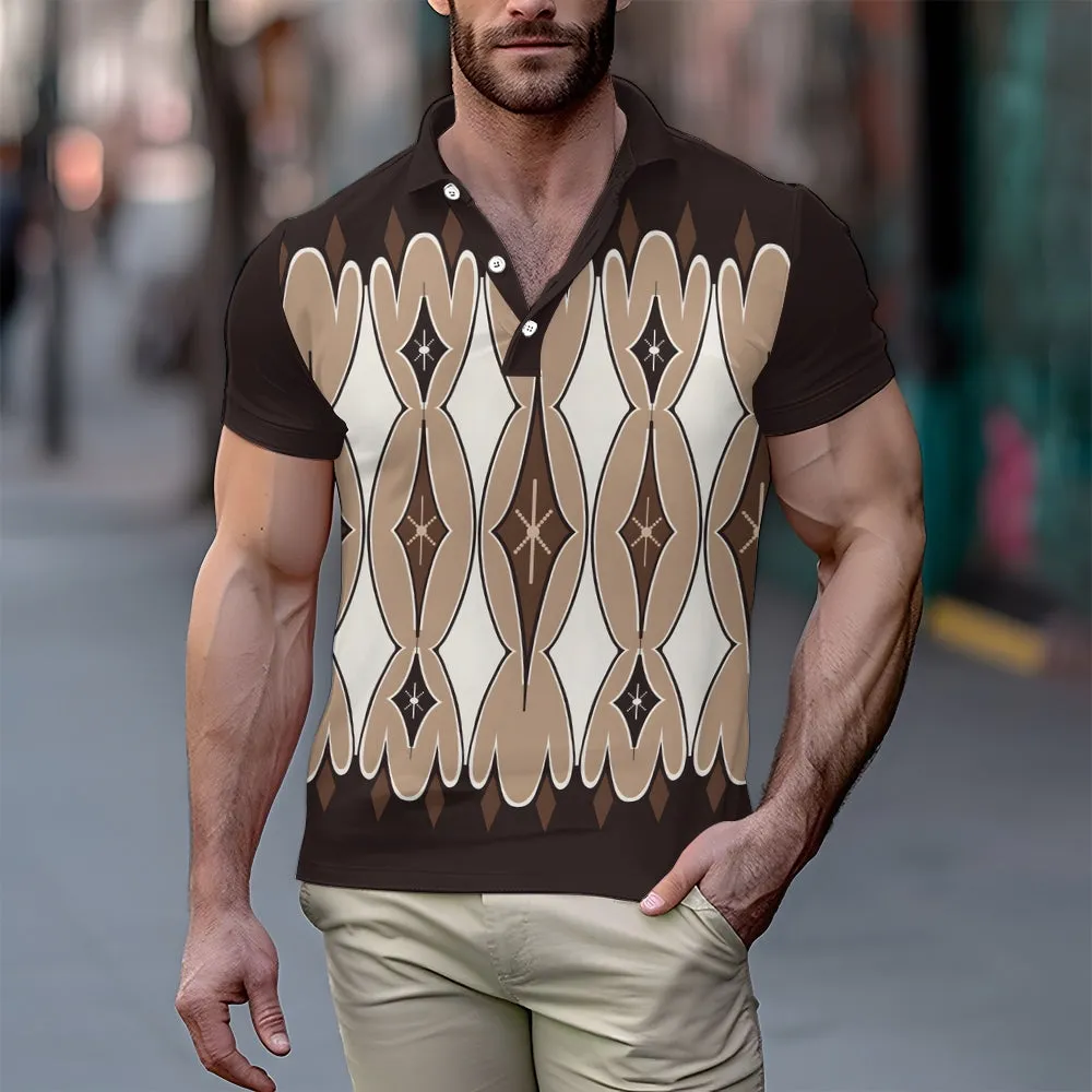 Men's Geometric Print Button Down Short Sleeve Polo 2404001426