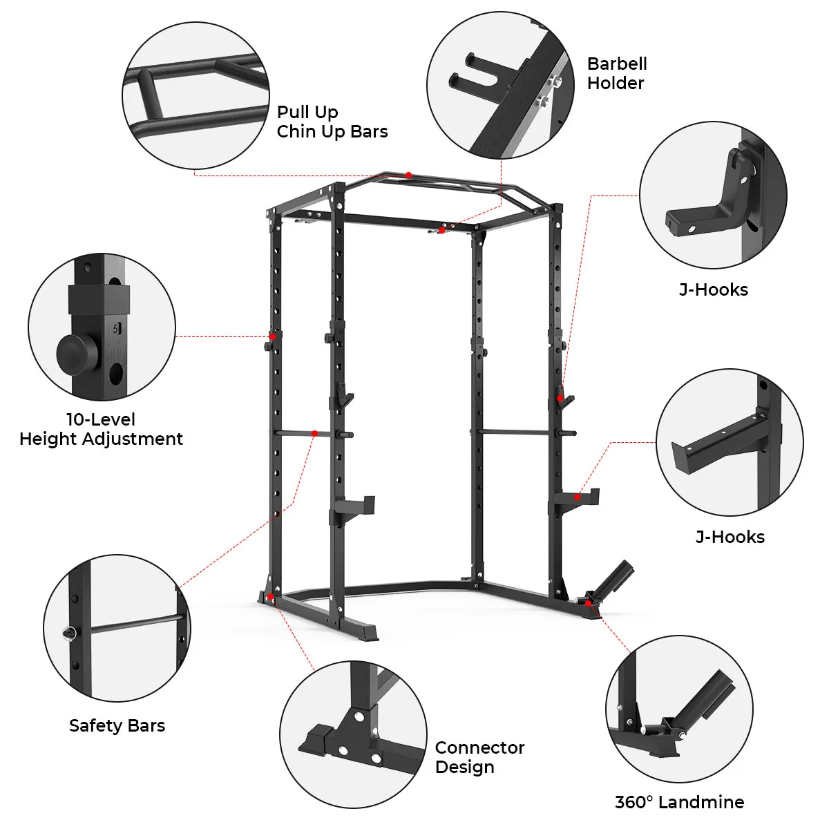 Multi-Functional Power Rack with J-Hooks Landmine Attachment for Home Gym