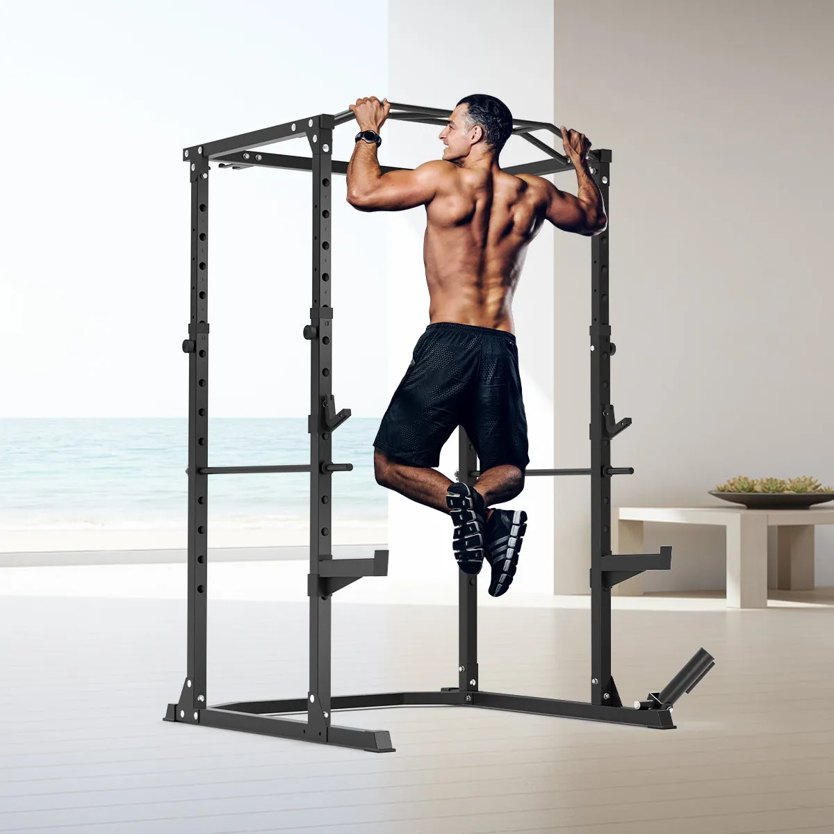 Multi-Functional Power Rack with J-Hooks Landmine Attachment for Home Gym