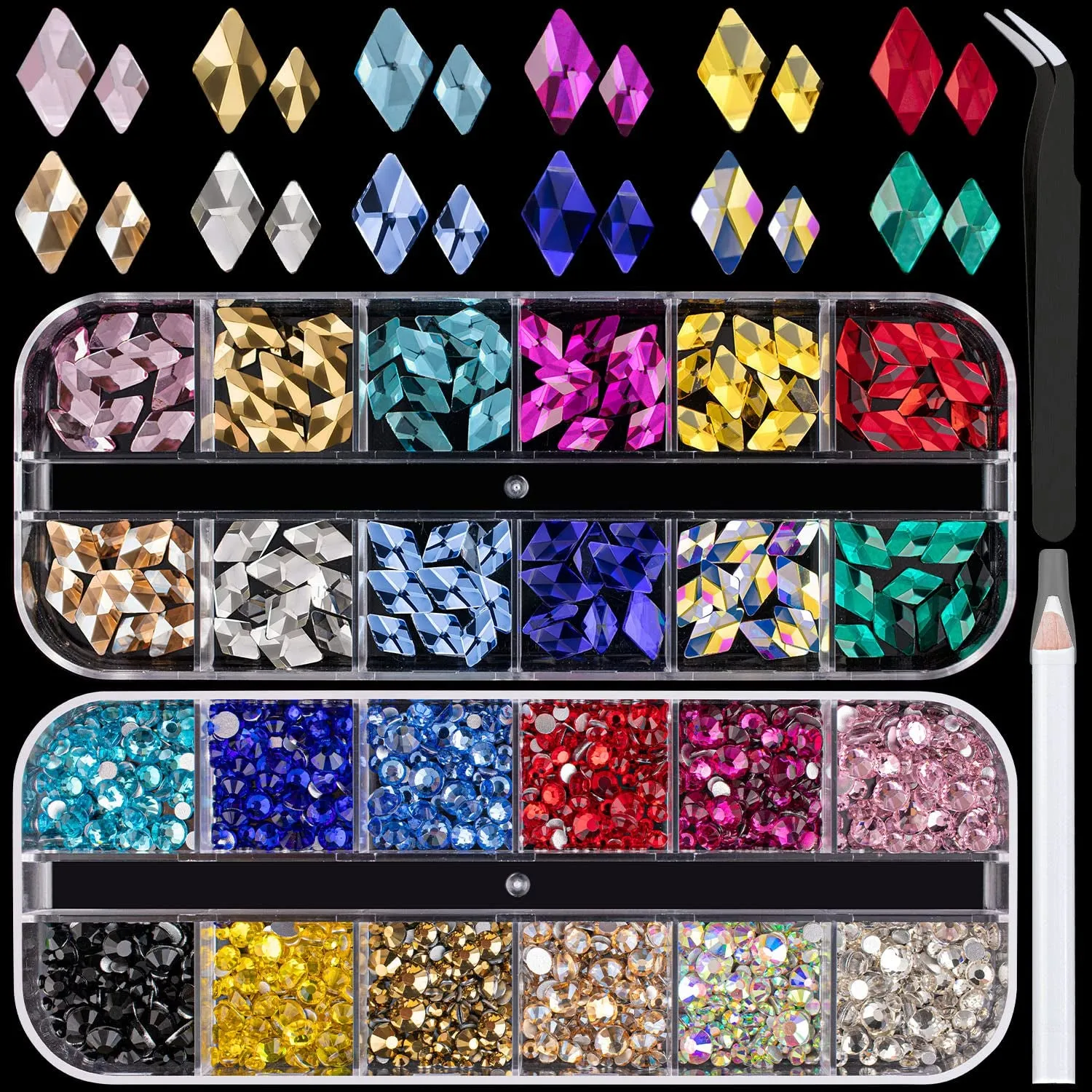 Multi Shapes 3D Glass AB Crystal Nail Art Rhinestones Kit with Flatback round Bead Charm Gem Stone Jewelry Diamond with Pickup Pen   Tweezer for Manicure Craft Decoration by  (Iridescent)