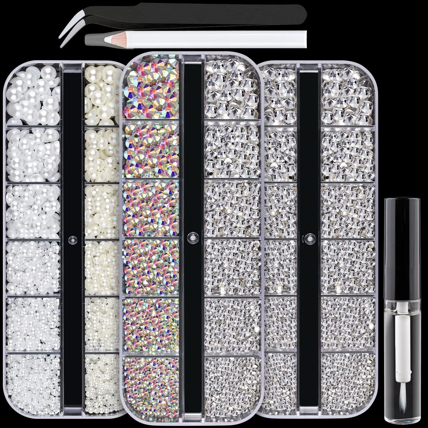 Multi Shapes 3D Glass AB Crystal Nail Art Rhinestones Kit with Flatback round Bead Charm Gem Stone Jewelry Diamond with Pickup Pen   Tweezer for Manicure Craft Decoration by  (Iridescent)