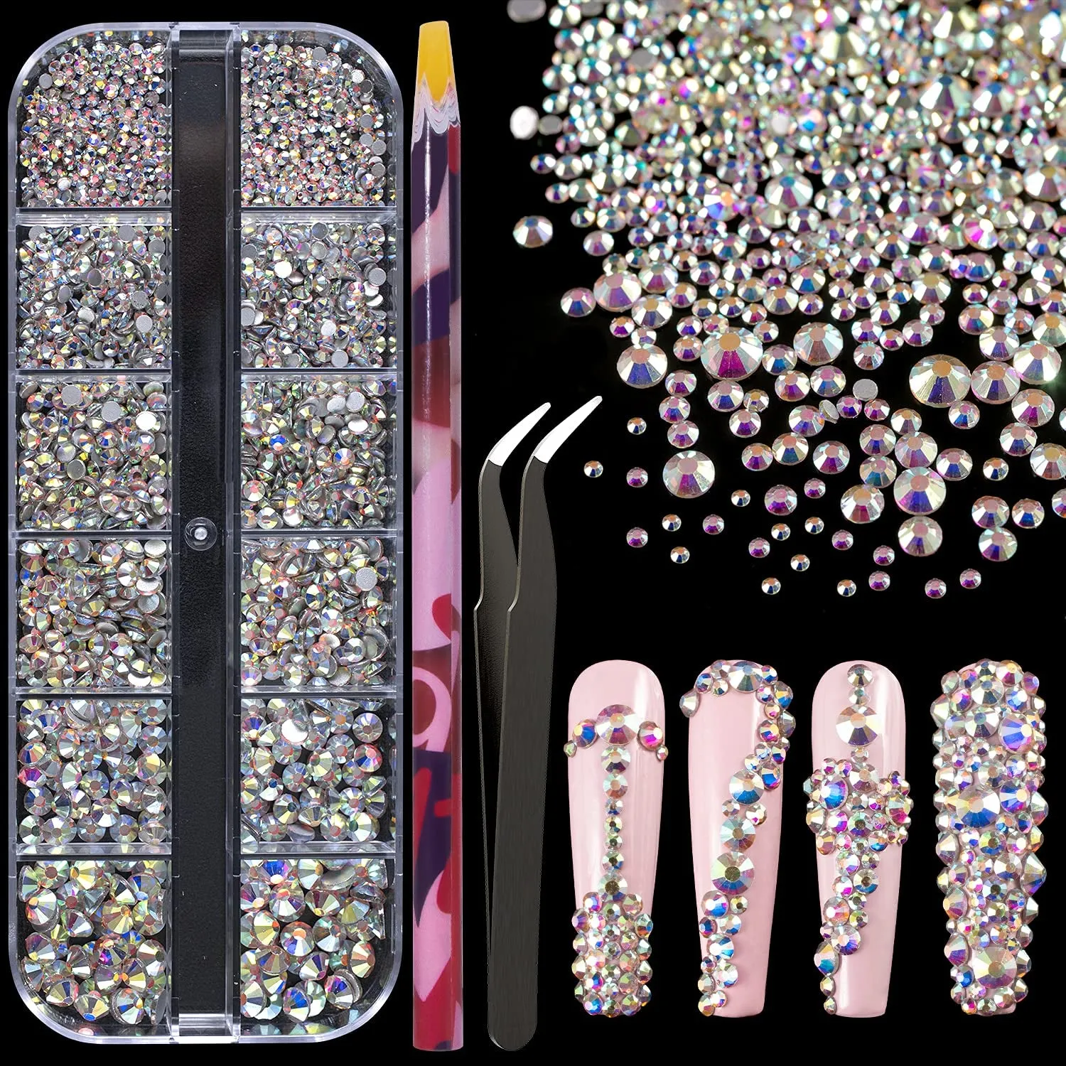 Multi Shapes 3D Glass AB Crystal Nail Art Rhinestones Kit with Flatback round Bead Charm Gem Stone Jewelry Diamond with Pickup Pen   Tweezer for Manicure Craft Decoration by  (Iridescent)