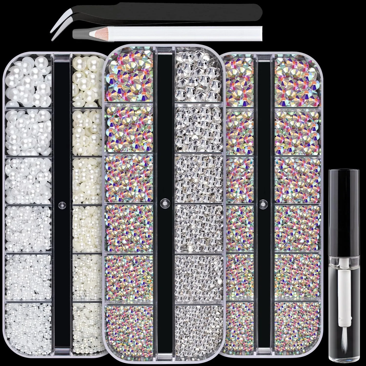 Multi Shapes 3D Glass AB Crystal Nail Art Rhinestones Kit with Flatback round Bead Charm Gem Stone Jewelry Diamond with Pickup Pen   Tweezer for Manicure Craft Decoration by  (Iridescent)