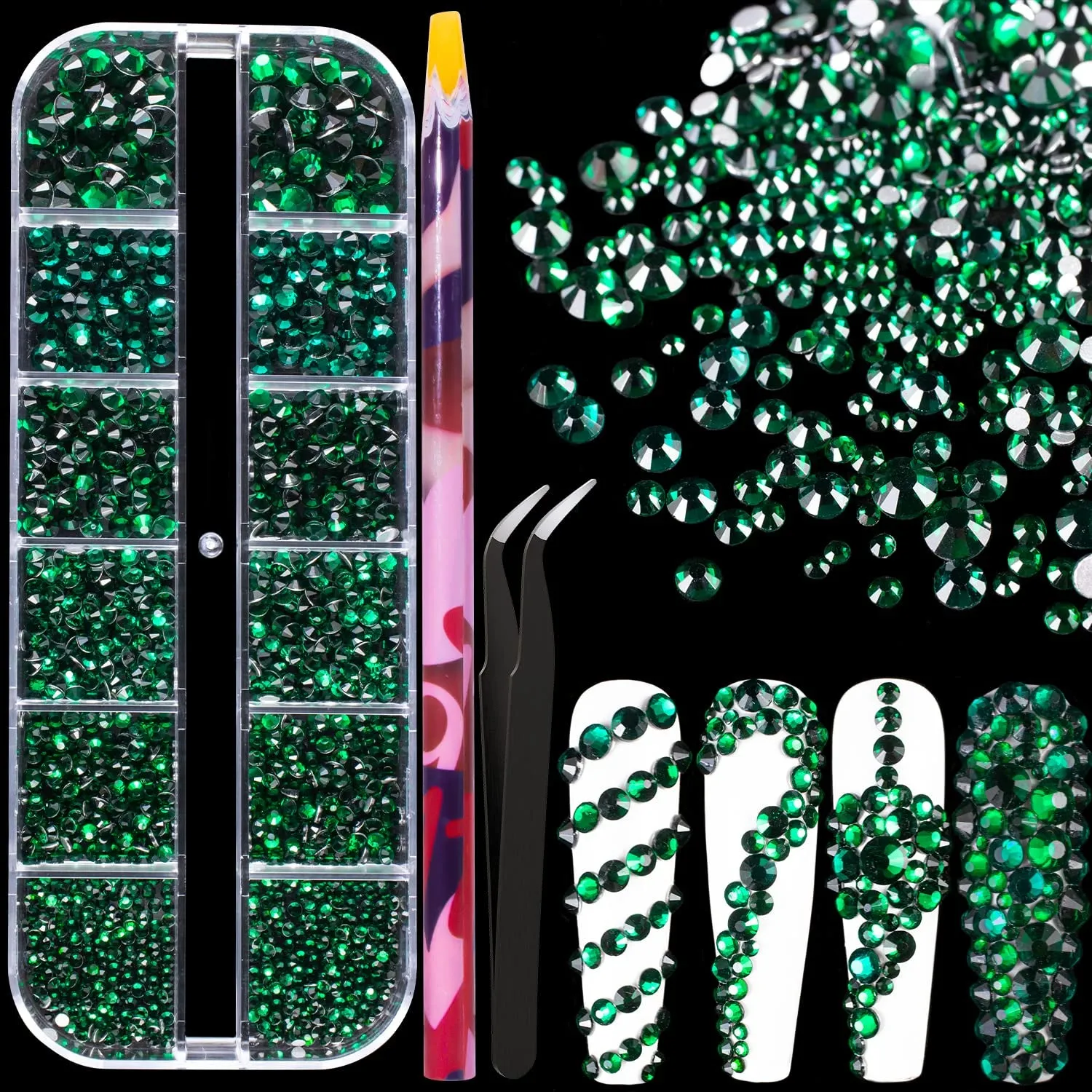 Multi Shapes 3D Glass AB Crystal Nail Art Rhinestones Kit with Flatback round Bead Charm Gem Stone Jewelry Diamond with Pickup Pen   Tweezer for Manicure Craft Decoration by  (Iridescent)