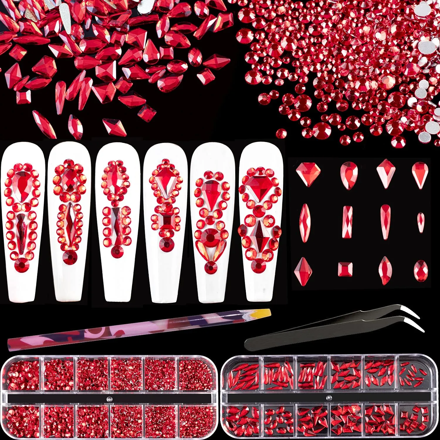 Multi Shapes 3D Glass AB Crystal Nail Art Rhinestones Kit with Flatback round Bead Charm Gem Stone Jewelry Diamond with Pickup Pen   Tweezer for Manicure Craft Decoration by  (Iridescent)
