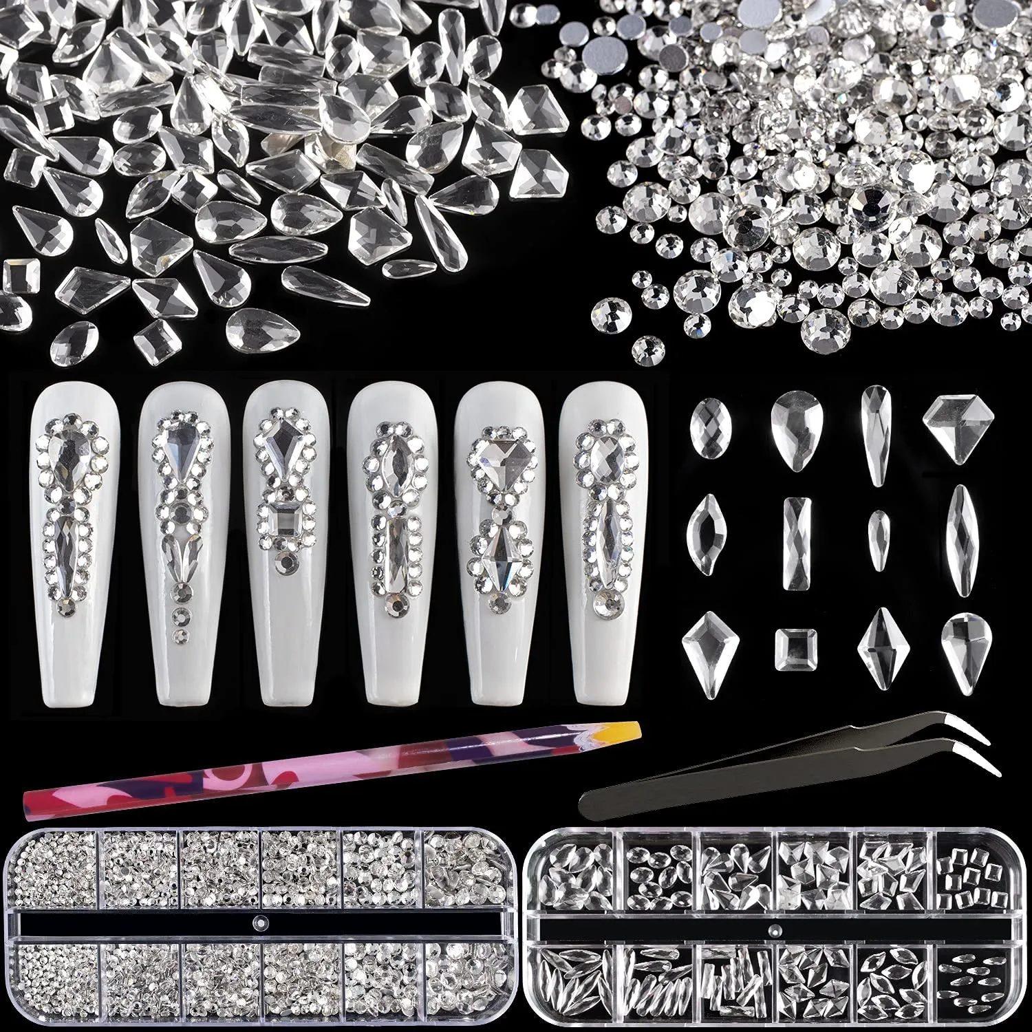 Multi Shapes 3D Glass AB Crystal Nail Art Rhinestones Kit with Flatback round Bead Charm Gem Stone Jewelry Diamond with Pickup Pen   Tweezer for Manicure Craft Decoration by  (Iridescent)