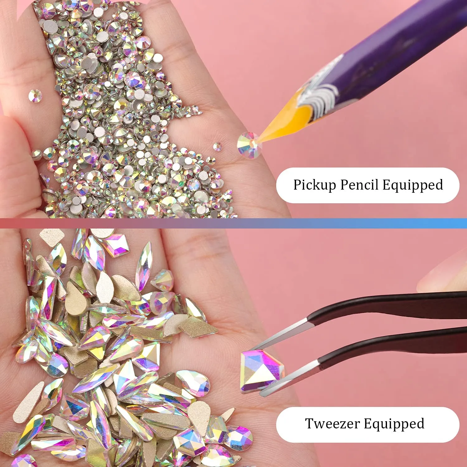 Multi Shapes 3D Glass AB Crystal Nail Art Rhinestones Kit with Flatback round Bead Charm Gem Stone Jewelry Diamond with Pickup Pen   Tweezer for Manicure Craft Decoration by  (Iridescent)