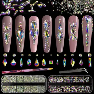 Multi Shapes 3D Glass AB Crystal Nail Art Rhinestones Kit with Flatback round Bead Charm Gem Stone Jewelry Diamond with Pickup Pen   Tweezer for Manicure Craft Decoration by  (Iridescent)