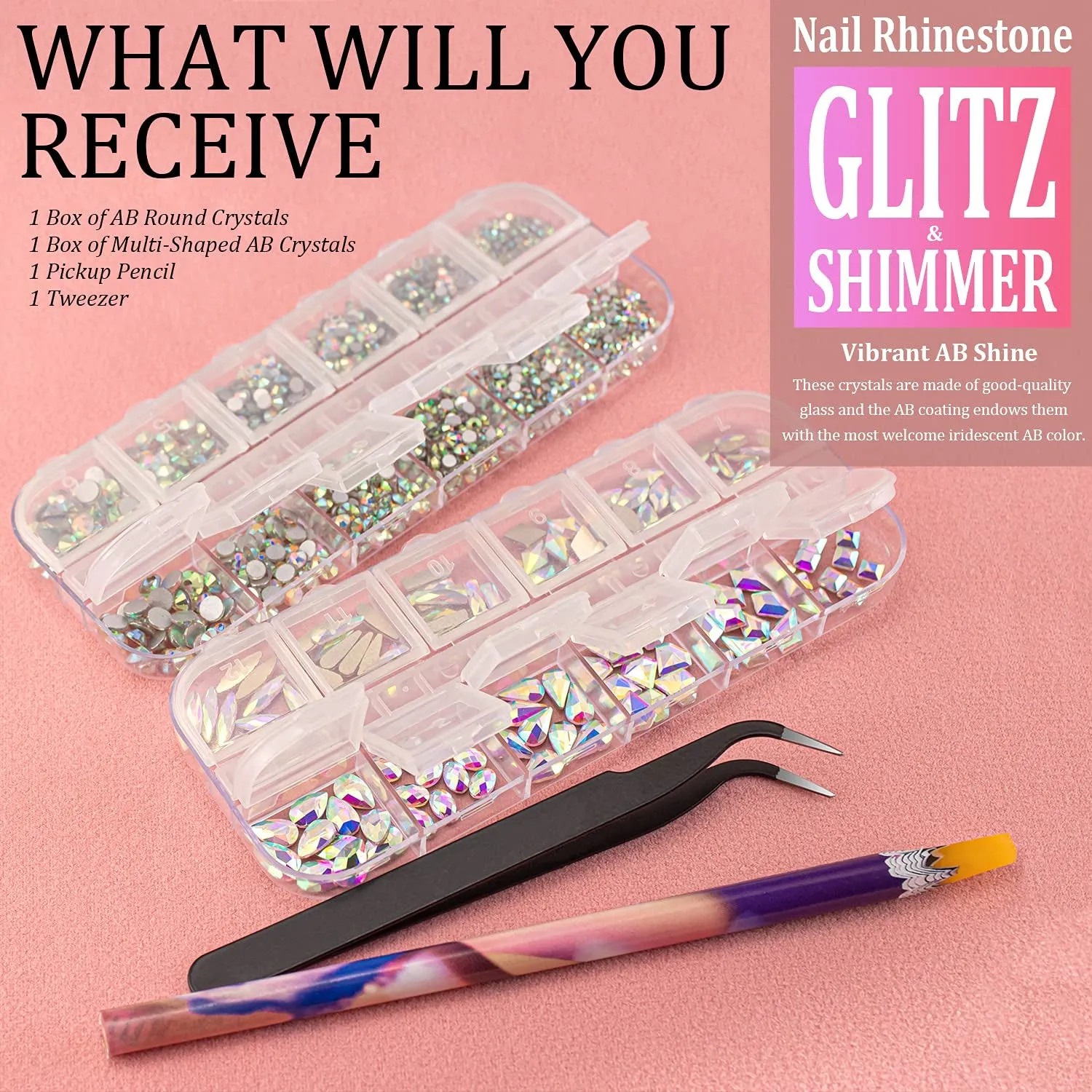 Multi Shapes 3D Glass AB Crystal Nail Art Rhinestones Kit with Flatback round Bead Charm Gem Stone Jewelry Diamond with Pickup Pen   Tweezer for Manicure Craft Decoration by  (Iridescent)