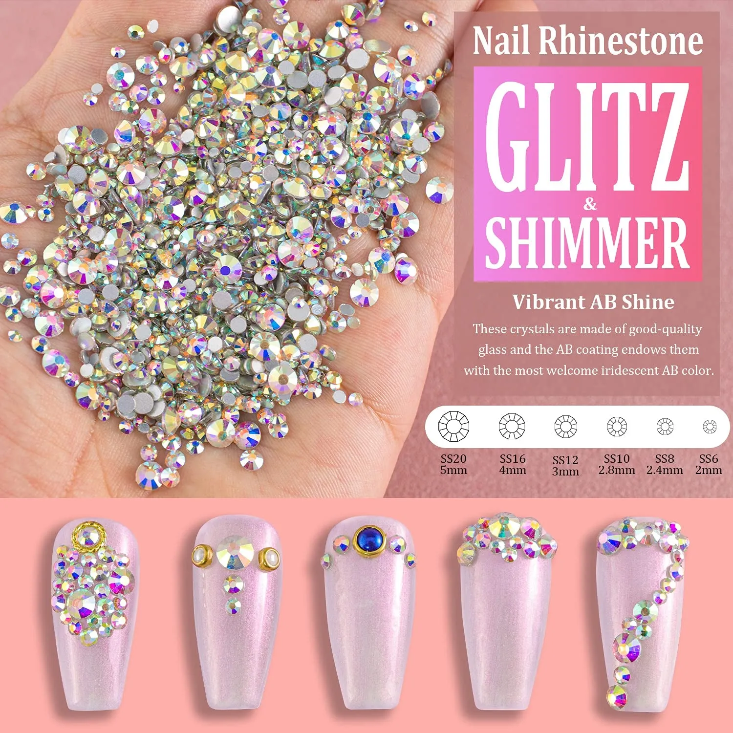 Multi Shapes 3D Glass AB Crystal Nail Art Rhinestones Kit with Flatback round Bead Charm Gem Stone Jewelry Diamond with Pickup Pen   Tweezer for Manicure Craft Decoration by  (Iridescent)
