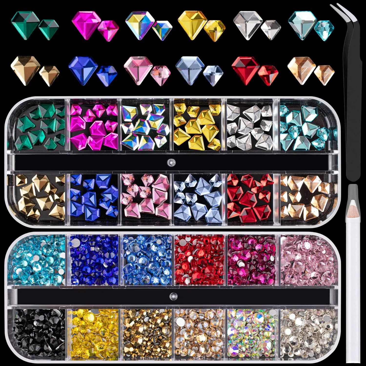 Multi Shapes 3D Glass AB Crystal Nail Art Rhinestones Kit with Flatback round Bead Charm Gem Stone Jewelry Diamond with Pickup Pen   Tweezer for Manicure Craft Decoration by  (Iridescent)