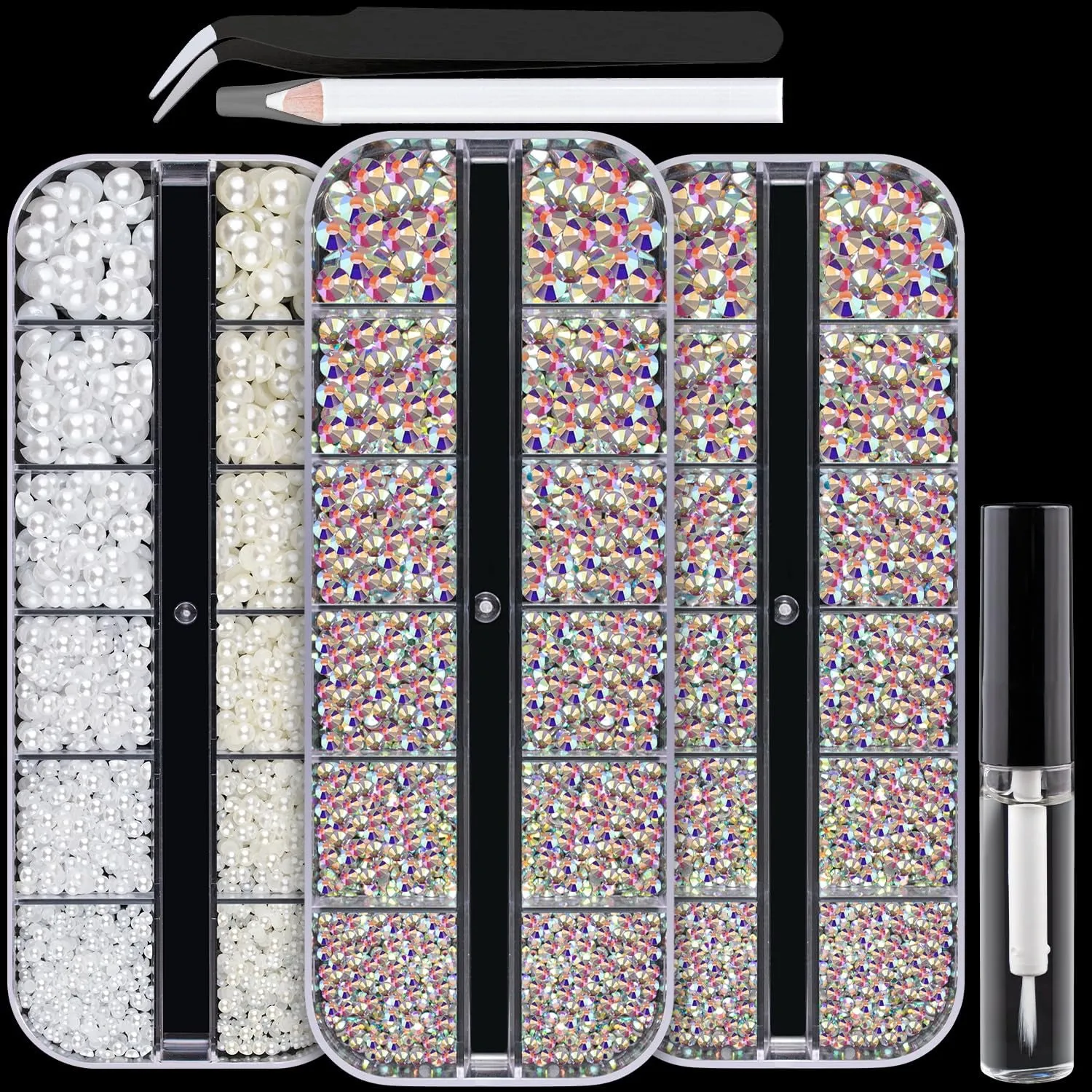 Multi Shapes 3D Glass AB Crystal Nail Art Rhinestones Kit with Flatback round Bead Charm Gem Stone Jewelry Diamond with Pickup Pen   Tweezer for Manicure Craft Decoration by  (Iridescent)