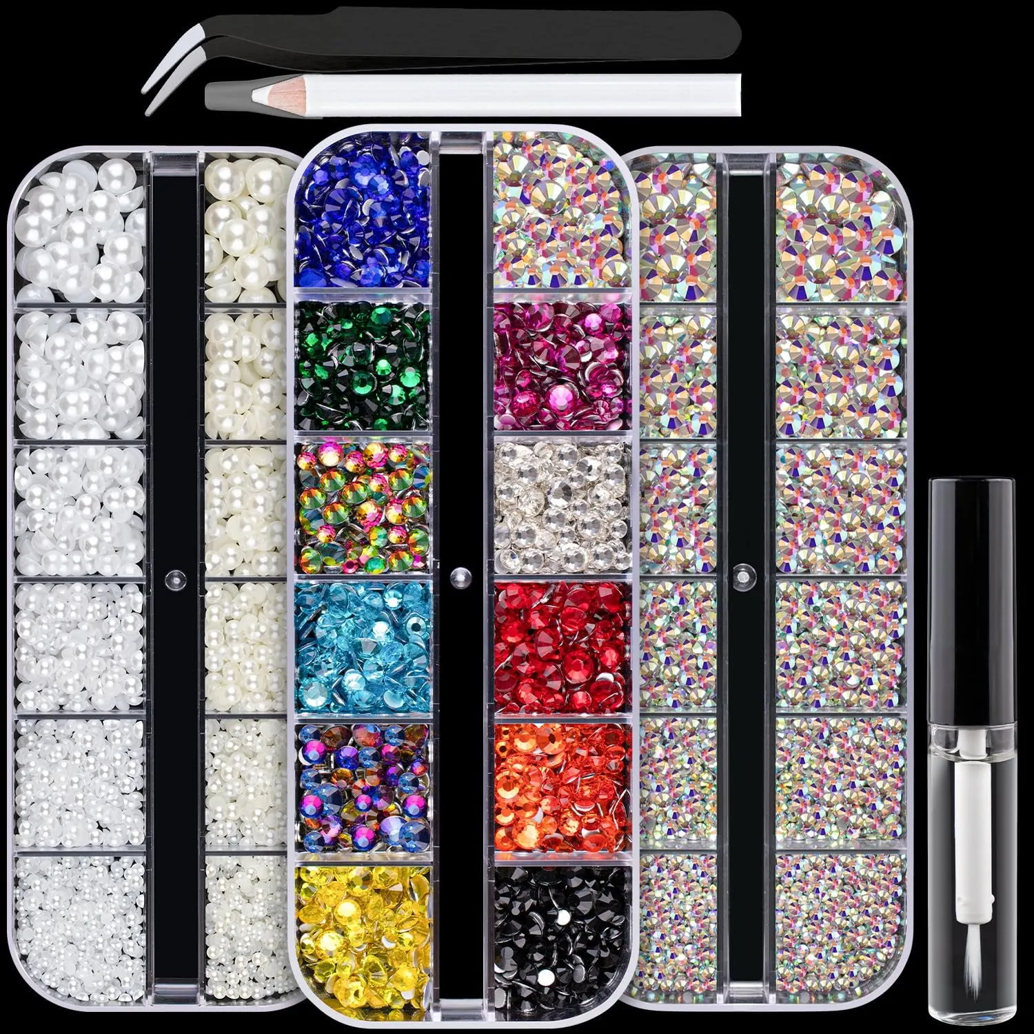 Multi Shapes 3D Glass AB Crystal Nail Art Rhinestones Kit with Flatback round Bead Charm Gem Stone Jewelry Diamond with Pickup Pen   Tweezer for Manicure Craft Decoration by  (Iridescent)