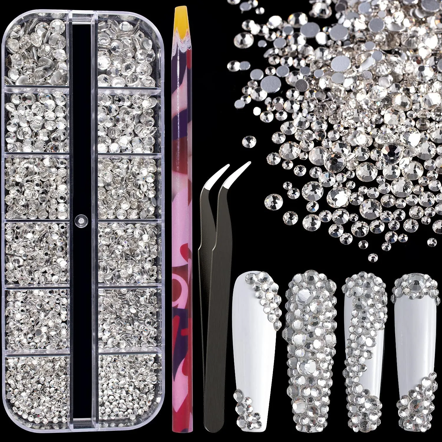 Multi Shapes 3D Glass AB Crystal Nail Art Rhinestones Kit with Flatback round Bead Charm Gem Stone Jewelry Diamond with Pickup Pen   Tweezer for Manicure Craft Decoration by  (Iridescent)