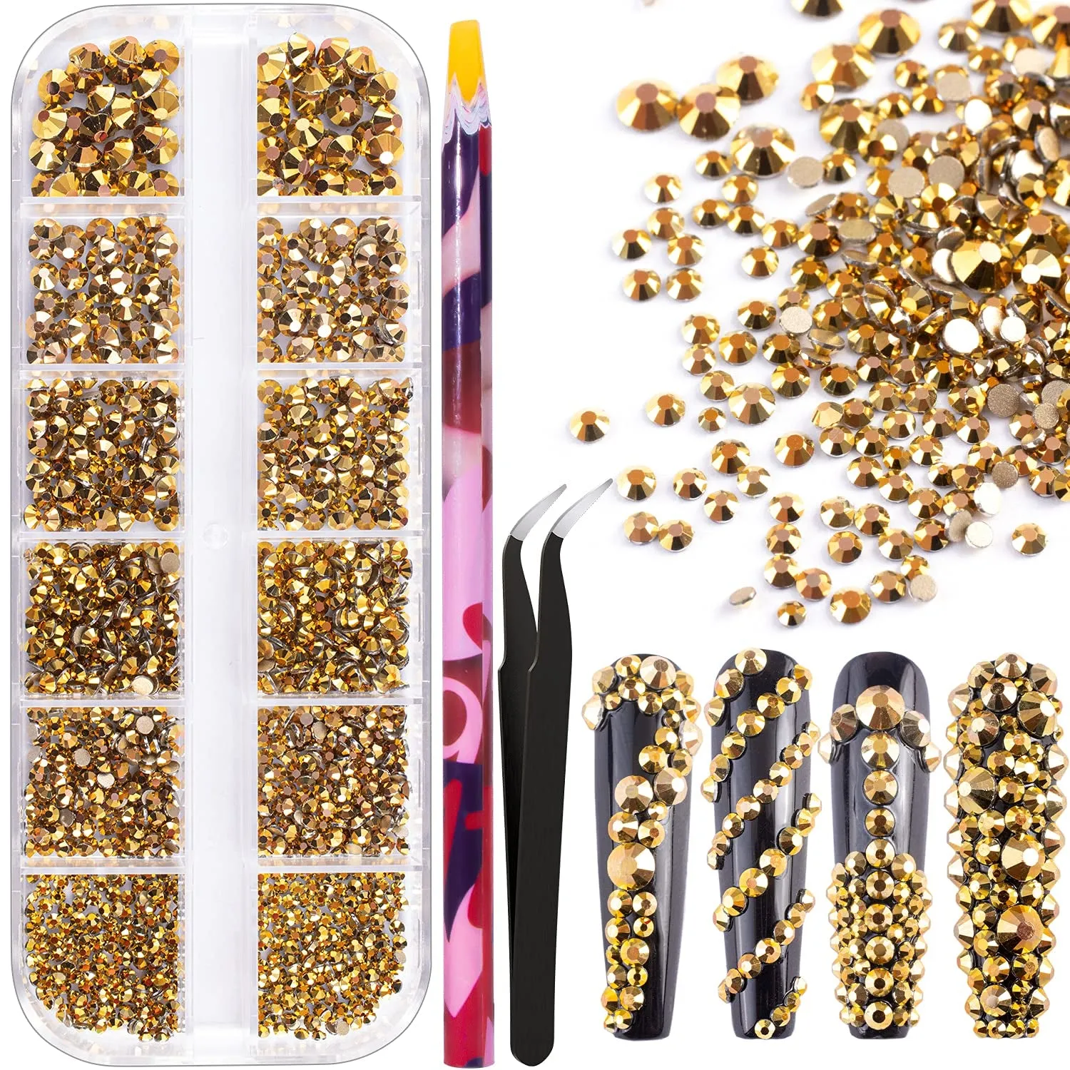 Multi Shapes 3D Glass AB Crystal Nail Art Rhinestones Kit with Flatback round Bead Charm Gem Stone Jewelry Diamond with Pickup Pen   Tweezer for Manicure Craft Decoration by  (Iridescent)