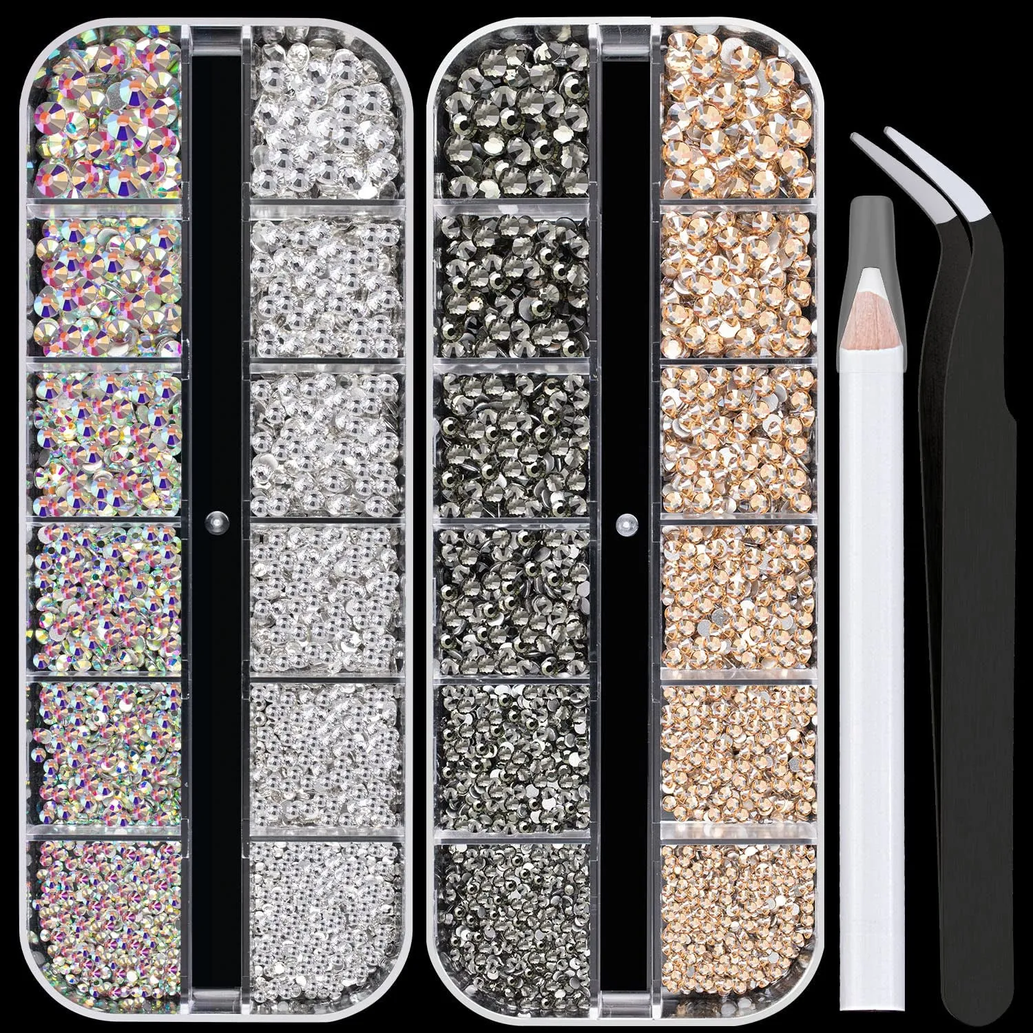 Multi Shapes 3D Glass AB Crystal Nail Art Rhinestones Kit with Flatback round Bead Charm Gem Stone Jewelry Diamond with Pickup Pen   Tweezer for Manicure Craft Decoration by  (Iridescent)
