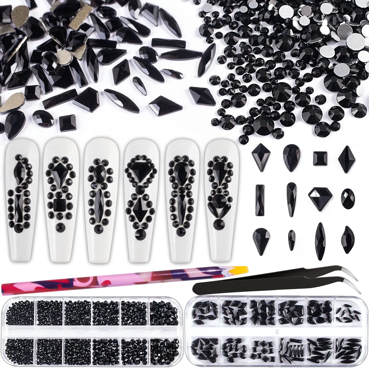 Multi Shapes 3D Glass AB Crystal Nail Art Rhinestones Kit with Flatback round Bead Charm Gem Stone Jewelry Diamond with Pickup Pen   Tweezer for Manicure Craft Decoration by  (Iridescent)