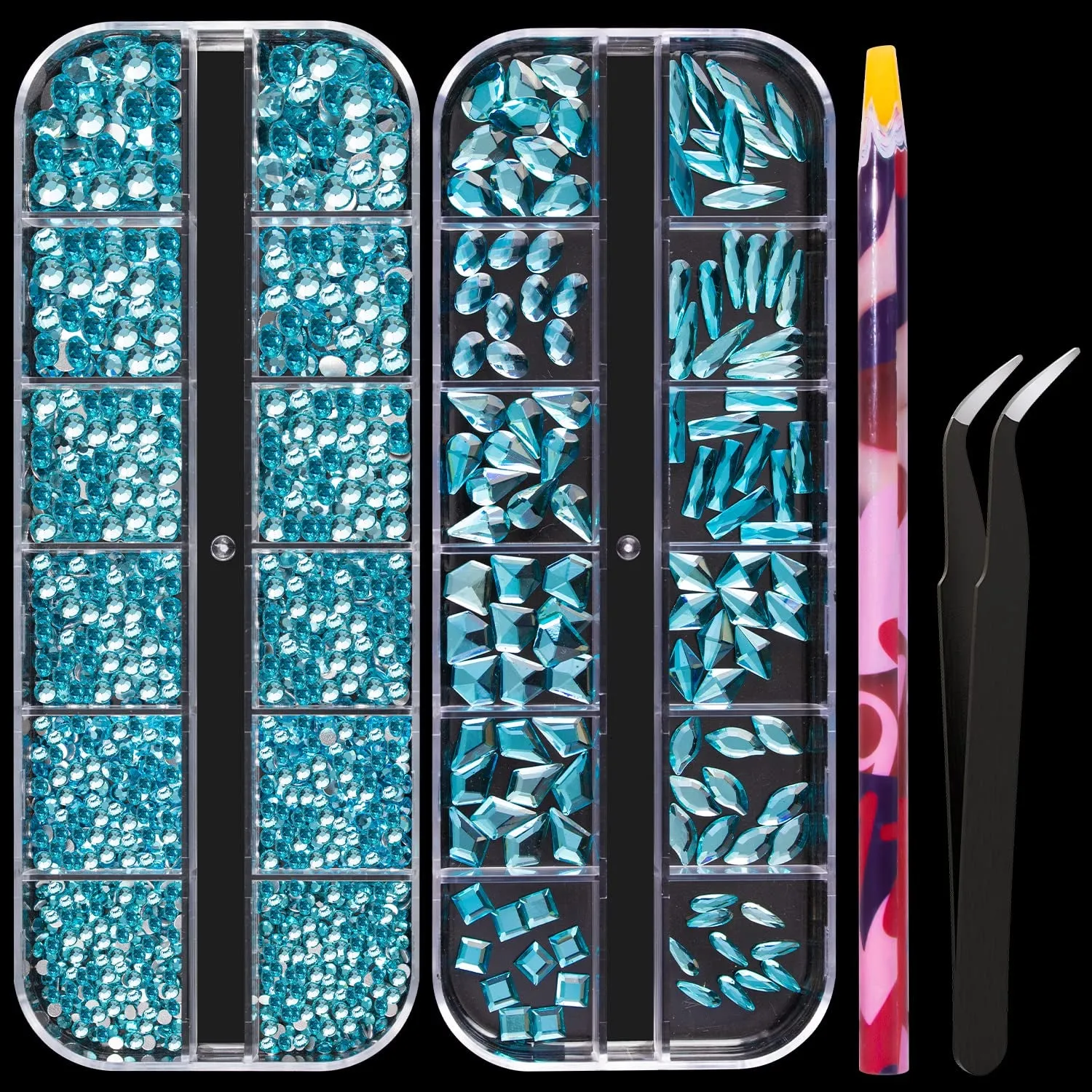 Multi Shapes 3D Glass AB Crystal Nail Art Rhinestones Kit with Flatback round Bead Charm Gem Stone Jewelry Diamond with Pickup Pen   Tweezer for Manicure Craft Decoration by  (Iridescent)