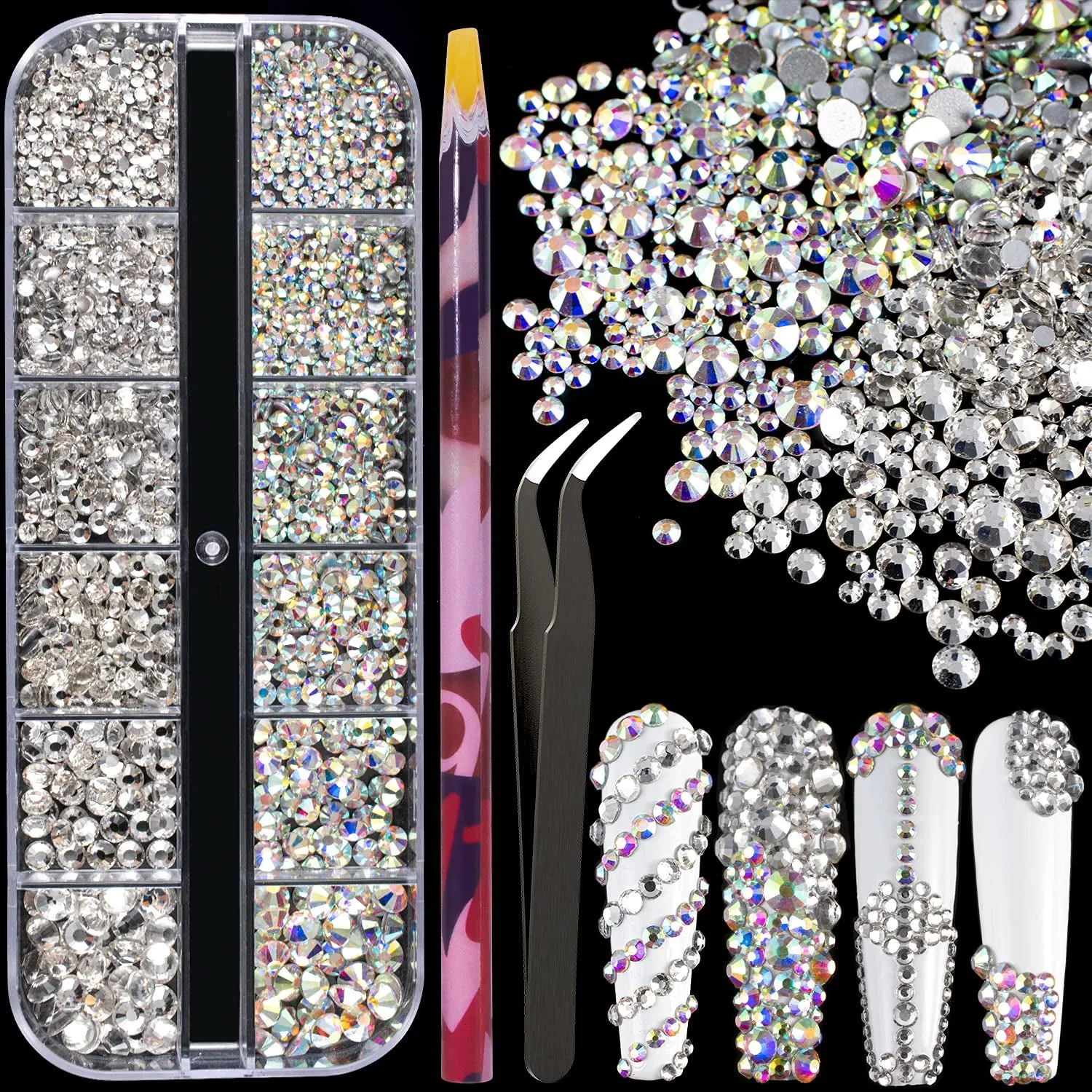 Multi Shapes 3D Glass AB Crystal Nail Art Rhinestones Kit with Flatback round Bead Charm Gem Stone Jewelry Diamond with Pickup Pen   Tweezer for Manicure Craft Decoration by  (Iridescent)
