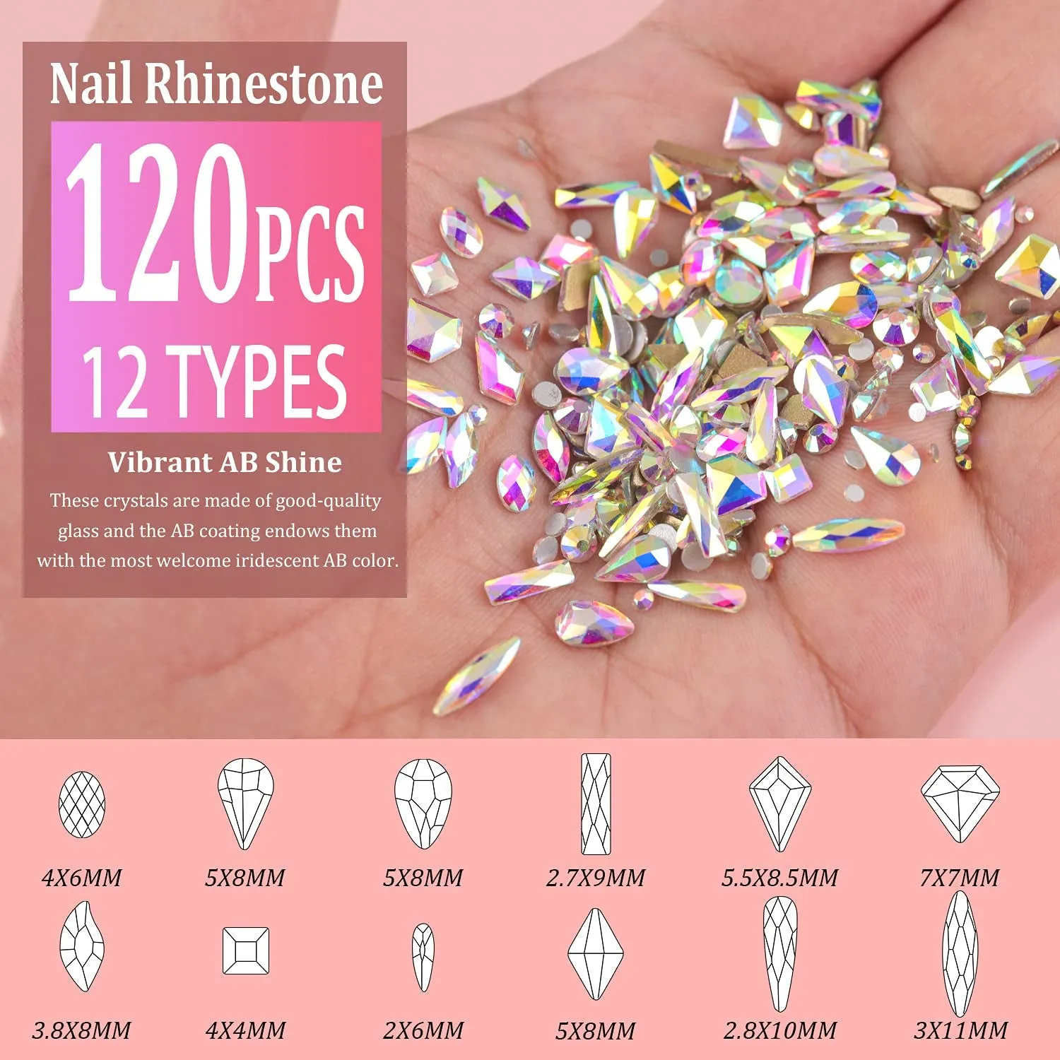 Multi Shapes 3D Glass AB Crystal Nail Art Rhinestones Kit with Flatback round Bead Charm Gem Stone Jewelry Diamond with Pickup Pen   Tweezer for Manicure Craft Decoration by  (Iridescent)