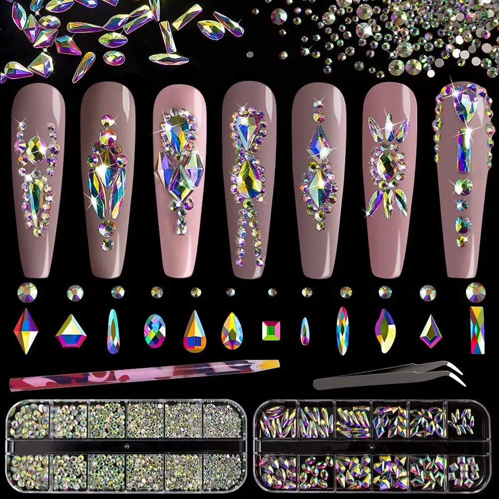 Multi Shapes 3D Glass AB Crystal Nail Art Rhinestones Kit with Flatback round Bead Charm Gem Stone Jewelry Diamond with Pickup Pen   Tweezer for Manicure Craft Decoration by  (Iridescent)