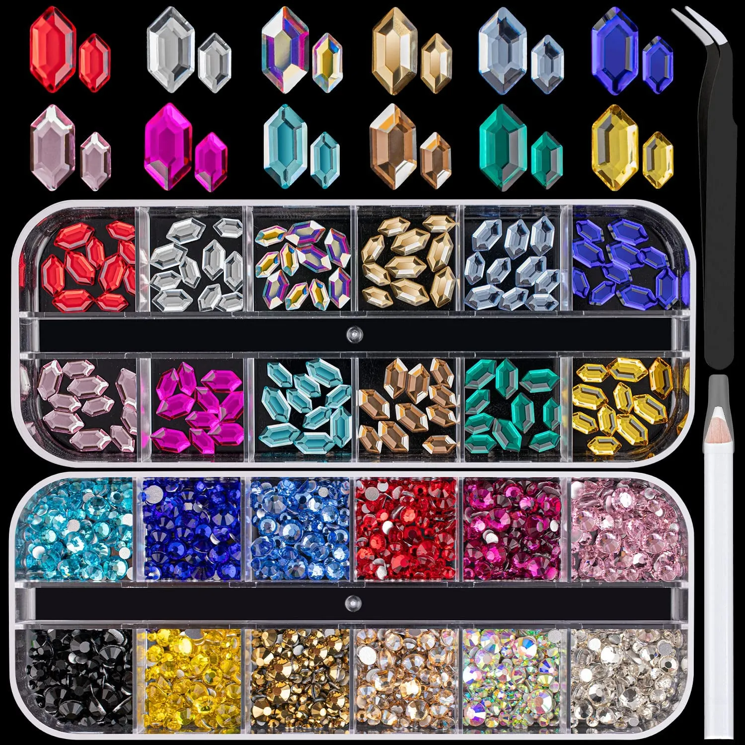 Multi Shapes 3D Glass AB Crystal Nail Art Rhinestones Kit with Flatback round Bead Charm Gem Stone Jewelry Diamond with Pickup Pen   Tweezer for Manicure Craft Decoration by  (Iridescent)