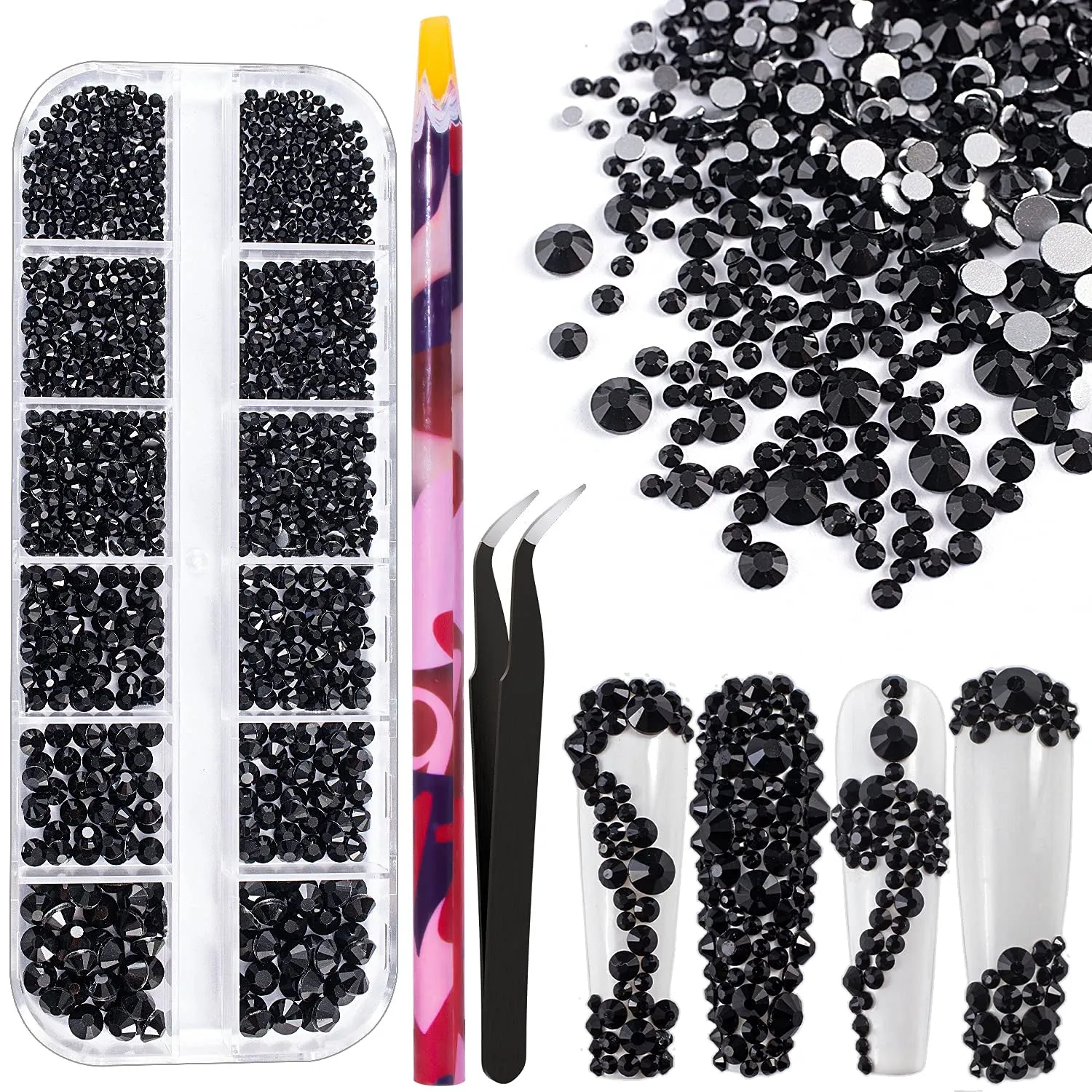 Multi Shapes 3D Glass AB Crystal Nail Art Rhinestones Kit with Flatback round Bead Charm Gem Stone Jewelry Diamond with Pickup Pen   Tweezer for Manicure Craft Decoration by  (Iridescent)