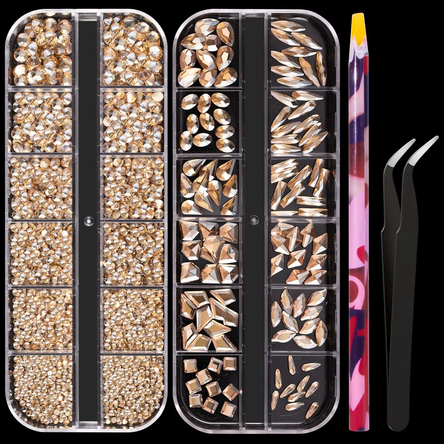 Multi Shapes 3D Glass AB Crystal Nail Art Rhinestones Kit with Flatback round Bead Charm Gem Stone Jewelry Diamond with Pickup Pen   Tweezer for Manicure Craft Decoration by  (Iridescent)
