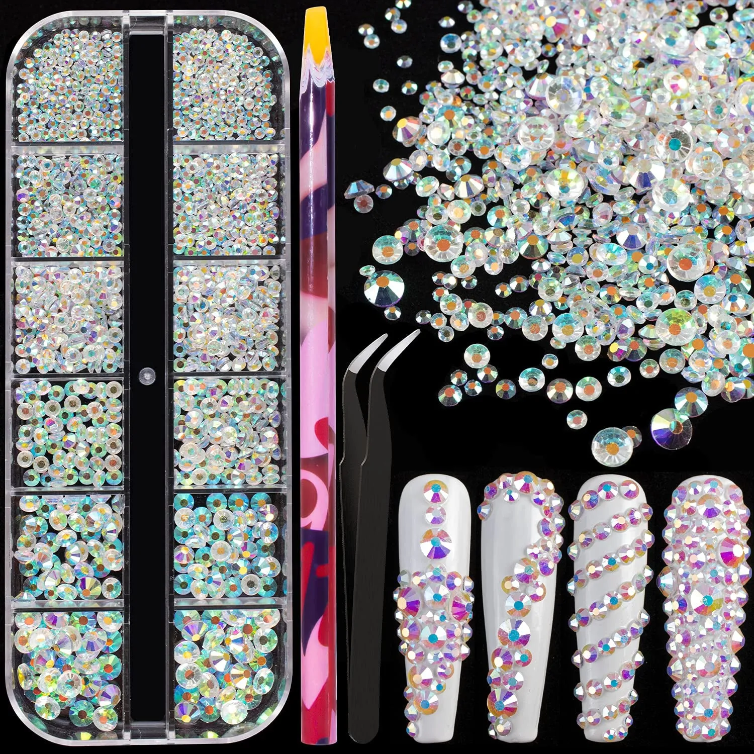 Multi Shapes 3D Glass AB Crystal Nail Art Rhinestones Kit with Flatback round Bead Charm Gem Stone Jewelry Diamond with Pickup Pen   Tweezer for Manicure Craft Decoration by  (Iridescent)