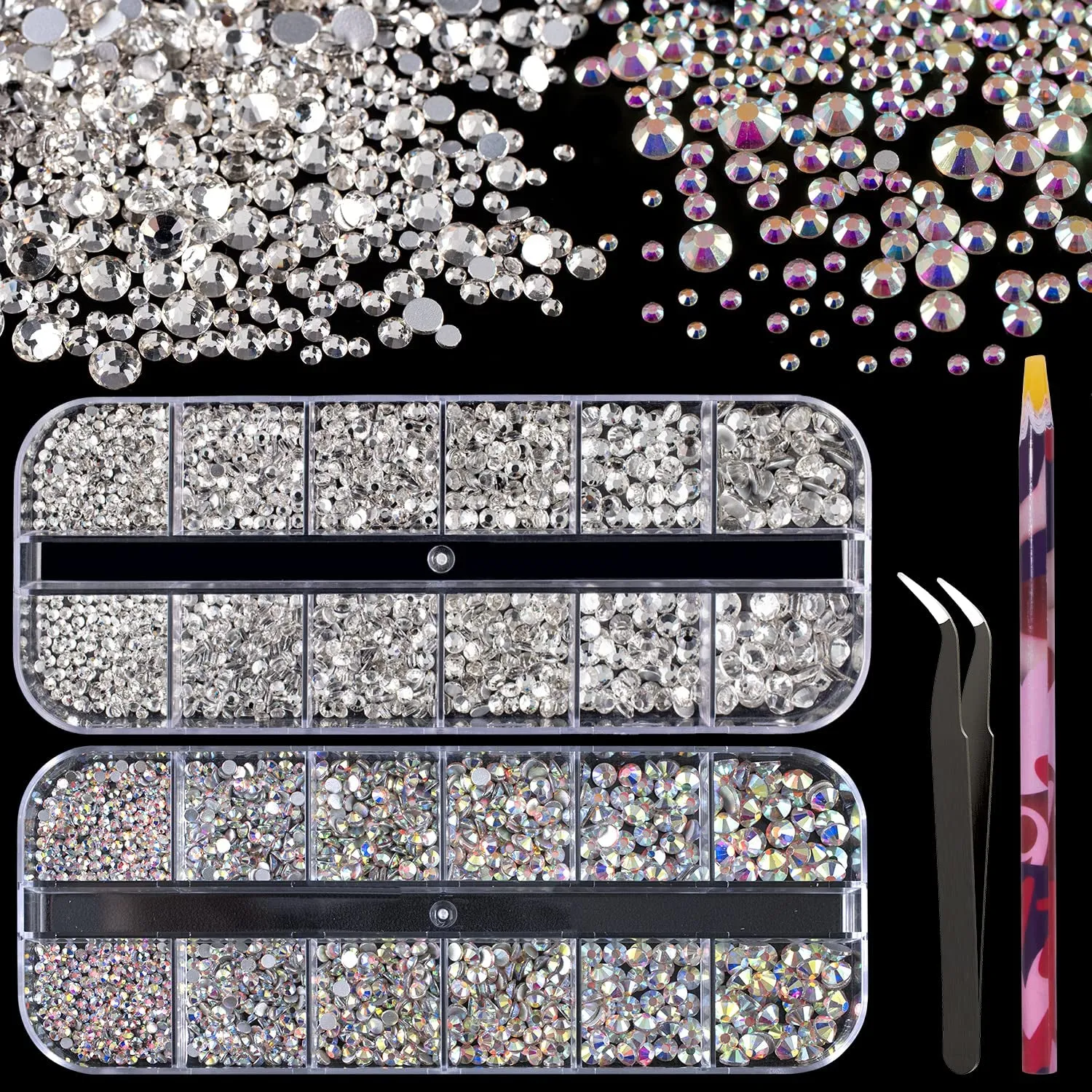 Multi Shapes 3D Glass AB Crystal Nail Art Rhinestones Kit with Flatback round Bead Charm Gem Stone Jewelry Diamond with Pickup Pen   Tweezer for Manicure Craft Decoration by  (Iridescent)