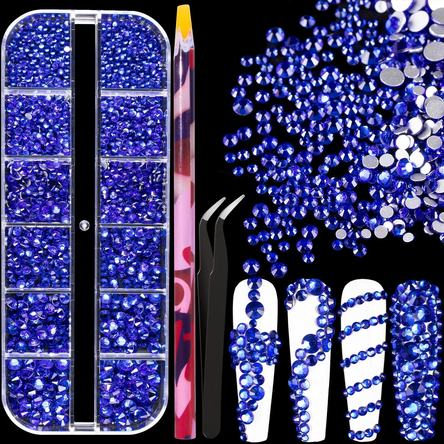 Multi Shapes 3D Glass AB Crystal Nail Art Rhinestones Kit with Flatback round Bead Charm Gem Stone Jewelry Diamond with Pickup Pen   Tweezer for Manicure Craft Decoration by  (Iridescent)