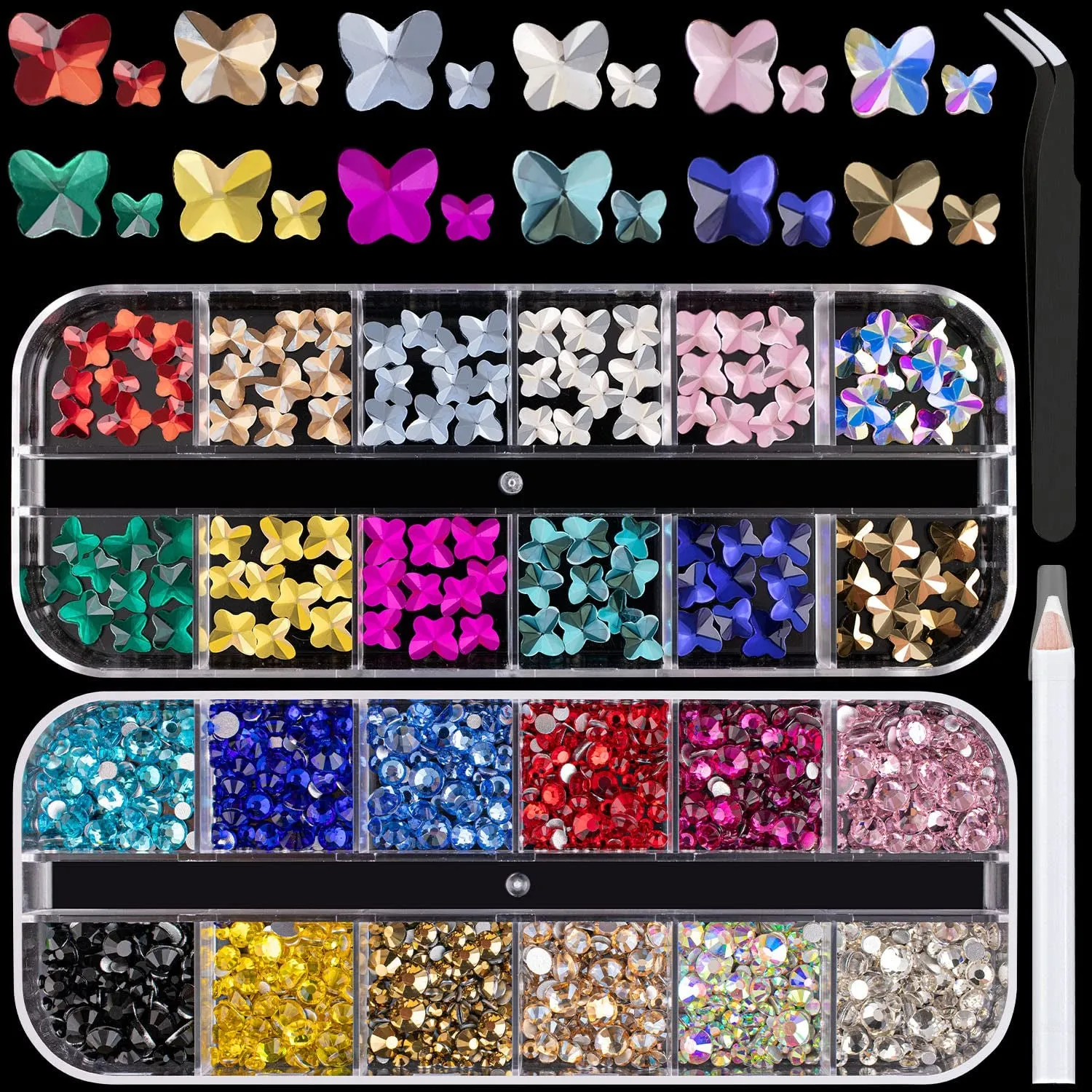 Multi Shapes 3D Glass AB Crystal Nail Art Rhinestones Kit with Flatback round Bead Charm Gem Stone Jewelry Diamond with Pickup Pen   Tweezer for Manicure Craft Decoration by  (Iridescent)