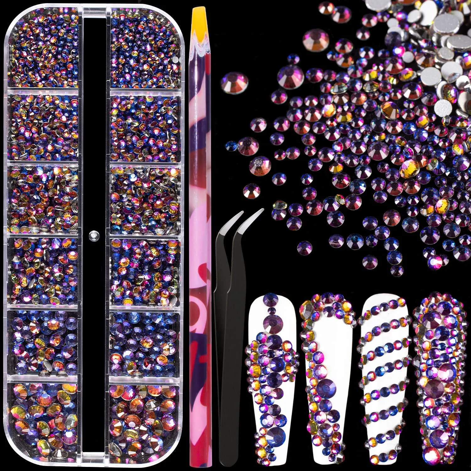 Multi Shapes 3D Glass AB Crystal Nail Art Rhinestones Kit with Flatback round Bead Charm Gem Stone Jewelry Diamond with Pickup Pen   Tweezer for Manicure Craft Decoration by  (Iridescent)