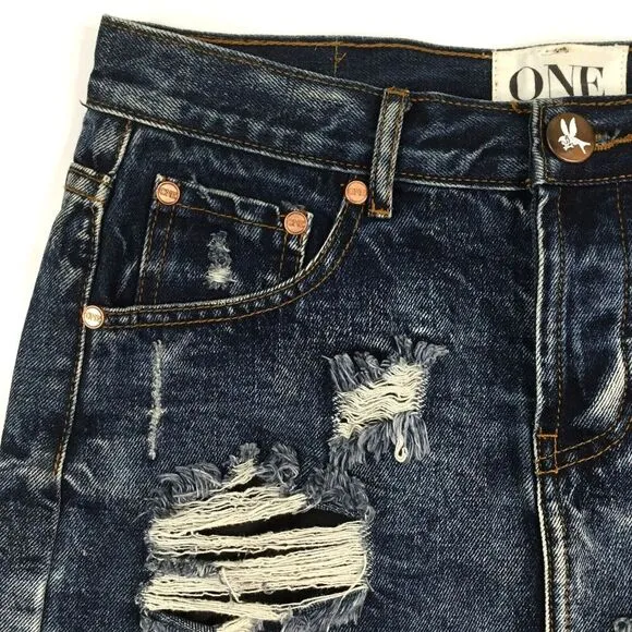 One Teaspoon Denim Junk Yard Mini Skirt Size 25 Low Rise Raw Hem Distressed Y2K