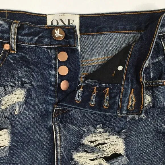 One Teaspoon Denim Junk Yard Mini Skirt Size 25 Low Rise Raw Hem Distressed Y2K