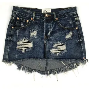 One Teaspoon Denim Junk Yard Mini Skirt Size 25 Low Rise Raw Hem Distressed Y2K