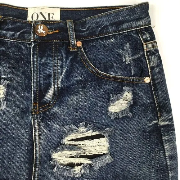 One Teaspoon Denim Junk Yard Mini Skirt Size 25 Low Rise Raw Hem Distressed Y2K
