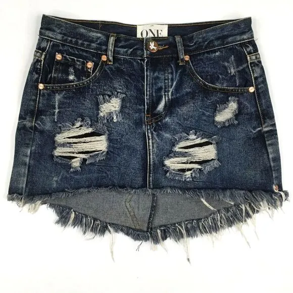One Teaspoon Denim Junk Yard Mini Skirt Size 25 Low Rise Raw Hem Distressed Y2K