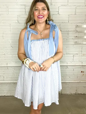 Perfectly Pinstriped Shoulder Tie Mini Dress