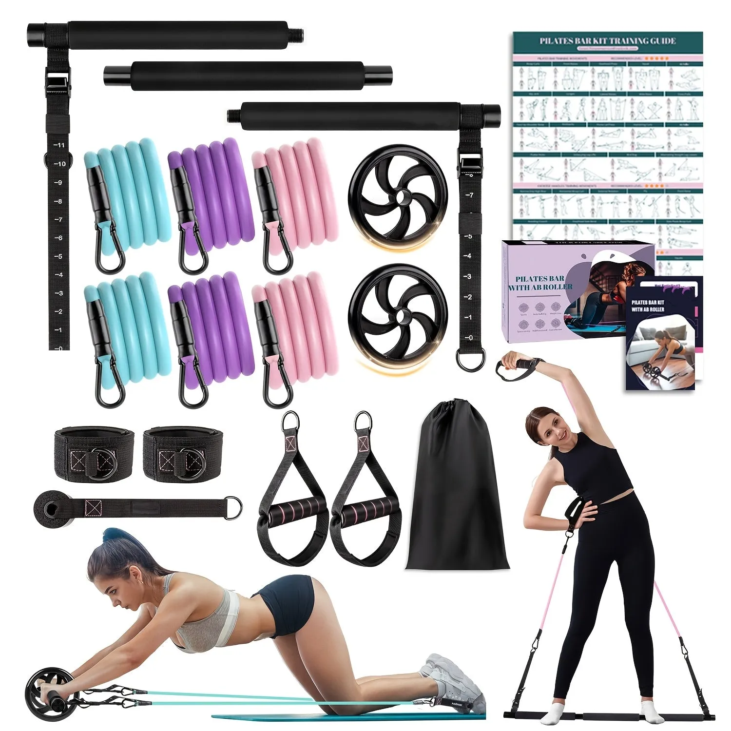 Pilates Bar Kit with Resistance Bands & Ab Roller