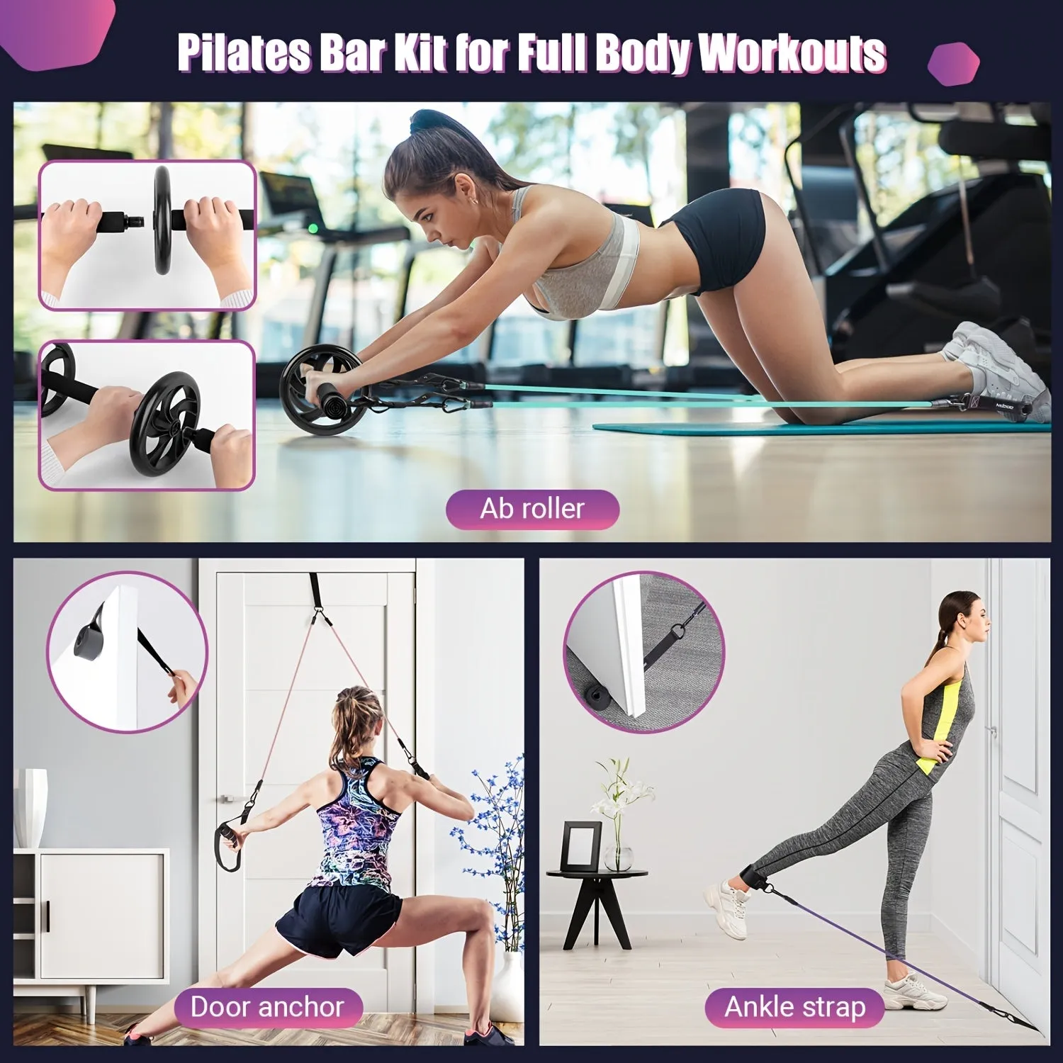 Pilates Bar Kit with Resistance Bands & Ab Roller
