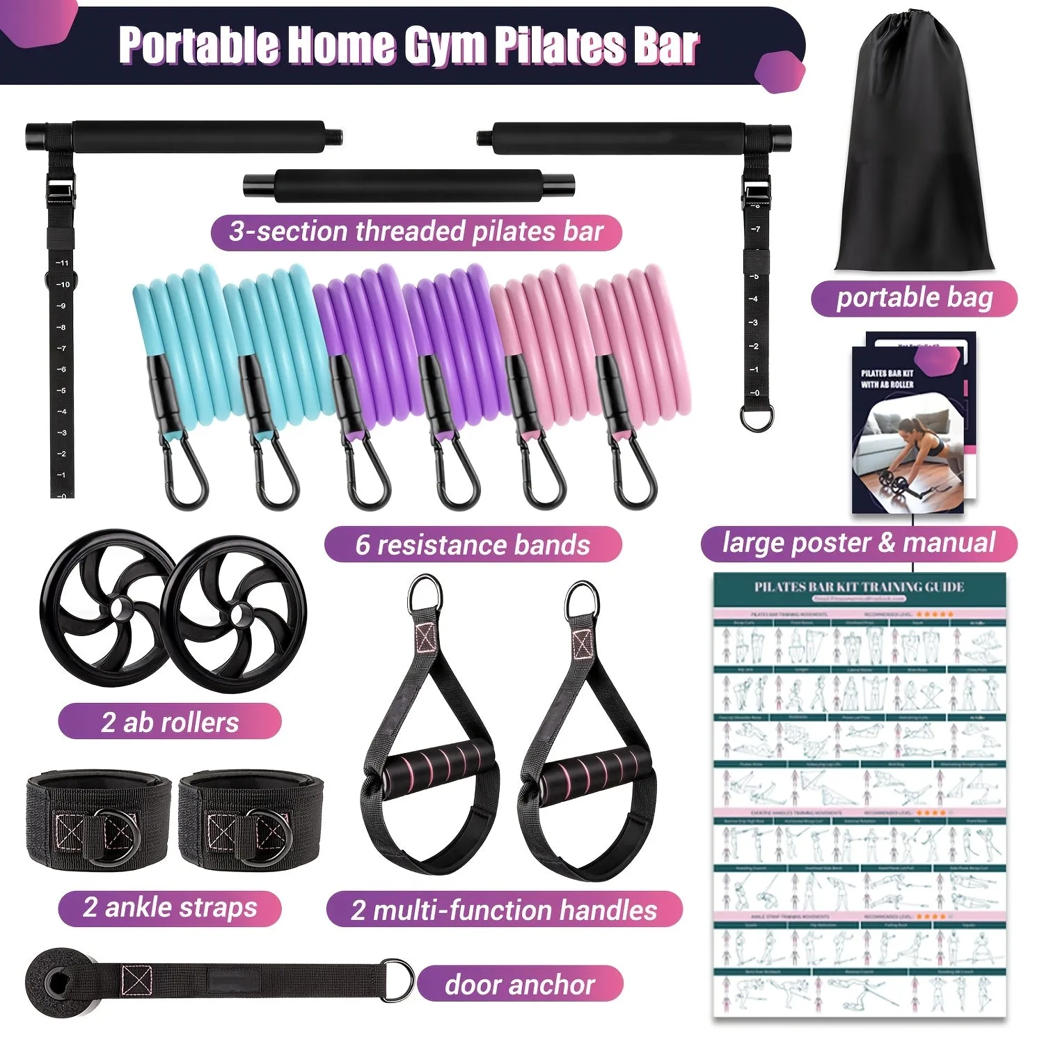 Pilates Bar Kit with Resistance Bands & Ab Roller