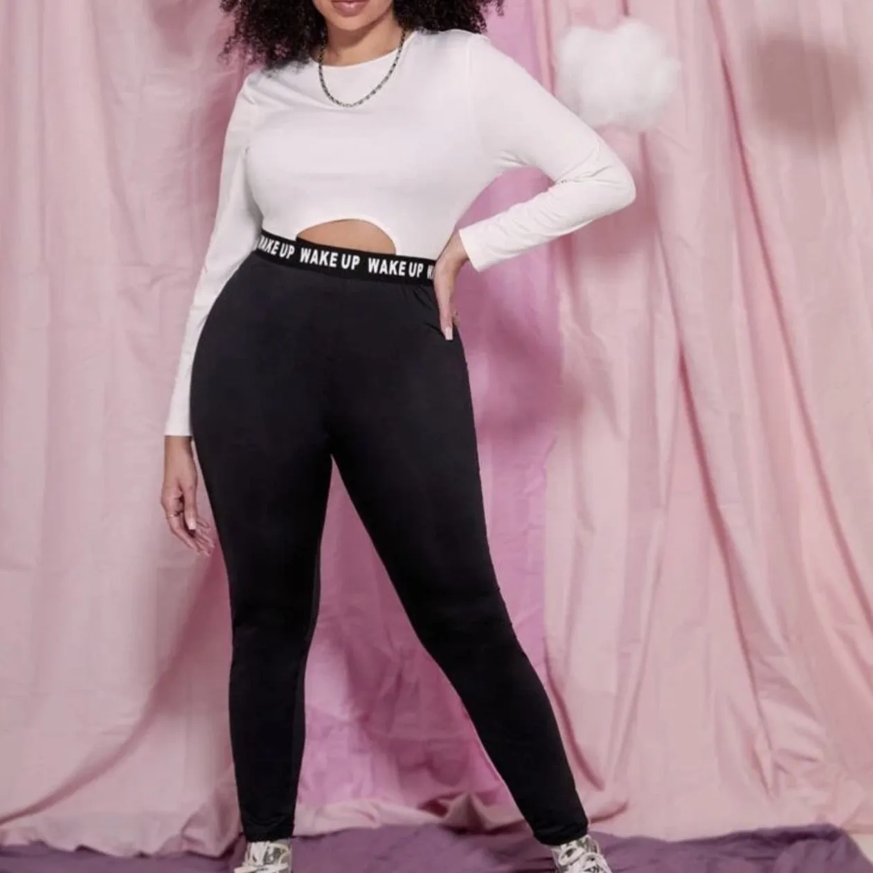 Plus Casual Attitude Tape Detail Crop Tee and Leggings Set