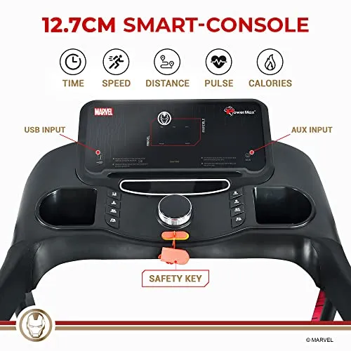 PowerMax Fitness X Marvel MTM-2500 Iron Man Edition (4HP Peak) Smart Folding Electric Treadmill with Manual Incline, MP3, Speaker, Exercise Machine for Home Gym and Cardio Training (Red)