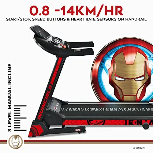 PowerMax Fitness X Marvel MTM-2500 Iron Man Edition (4HP Peak) Smart Folding Electric Treadmill with Manual Incline, MP3, Speaker, Exercise Machine for Home Gym and Cardio Training (Red)